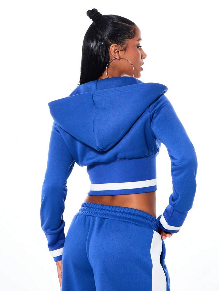 BABYPHAT Felpa con cappuccio e chiusura lampo completa da donna, con grafica frontale in testo giallo, colore blu reale, casual streetwear