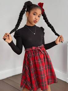 SLAYR KIDS 青少年女孩罗纹针织格子拼布圆领束带修身长袖连衣裙，适合圣诞节、新年派对、返校季、学院风、情人节 - 紅色和黑色 - 查看 4