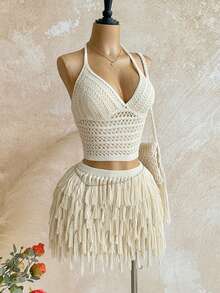 Soleia Women's V-Neck Halter Tie Backless Crop Top And Fringe Hem Mini Skirt 2 Piece Set, Suitable For Party, Christmas, Date Night, Nightclub, Bohemian, Boho, Vacation, Fall - Beige - View 5