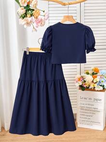 两件套：少女印花泡泡袖衬衫和不对称纽扣裙，舒适的春夏度假装 - 藏蓝色 - 查看 2