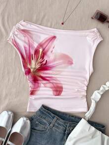 Teenager Mädchen Weißes gestricktes lässiges minimalistisches Blume Muster asymmetrisches gerüschtes Crop Top, geeignet für Frühling/Sommer, Lässig, personalisierter Stil, Alltagstragen - Pink - Übersicht 1