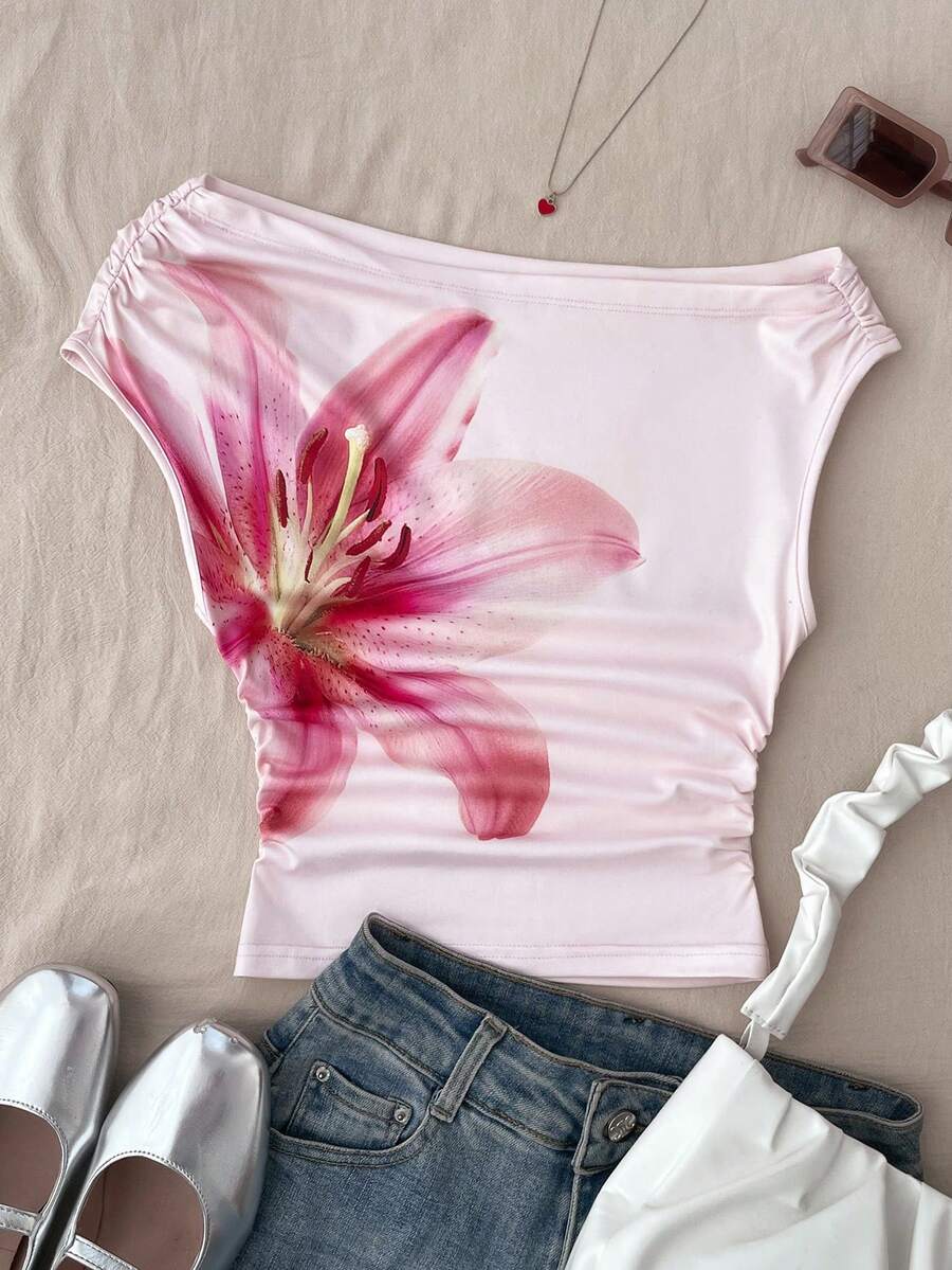Teenager Mädchen Weißes gestricktes lässiges minimalistisches Blume Muster asymmetrisches gerüschtes Crop Top, geeignet für Frühling/Sommer, Lässig, personalisierter Stil, Alltagstragen - Pink - Übersicht 1