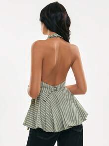 Poéselle 女士条纹印花不对称下摆露背吊带背心 - 綠色 - 查看 7
