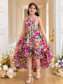 SHEIN Tween Girl Floral Print Backless Casual Vacation Dress - Multicolor - View 3