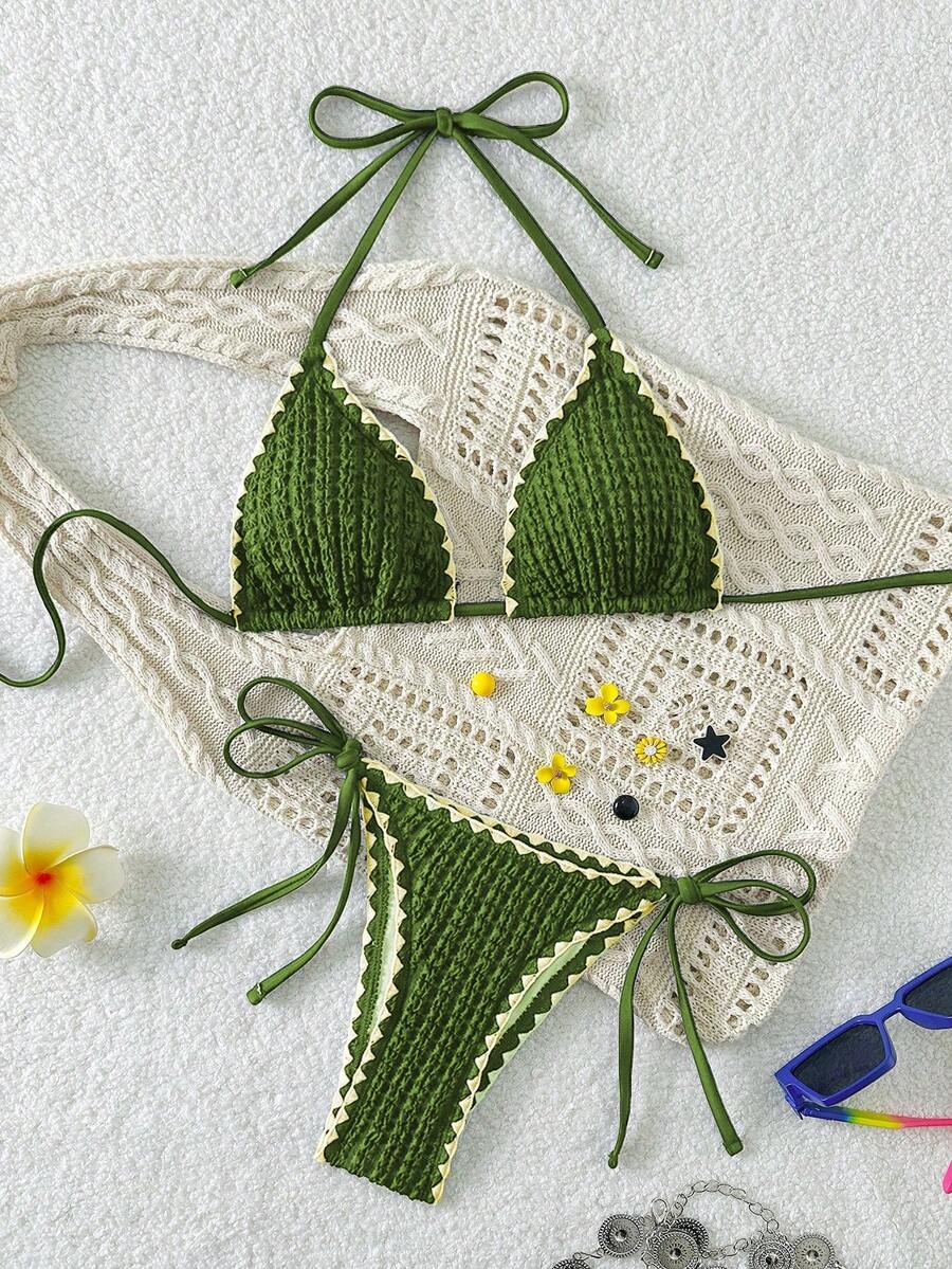 Swim Vcay Springbreak 女士新款夏季纹理纯色齿边设计露背三角泳裤侧绑带沙滩度假比基尼套装 - 綠色 - 查看 1