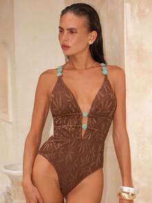 Swim Chiccia 1件装 女士吊带交叉露背绿色串珠装饰连体泳衣 - 咖啡棕 - 查看 6