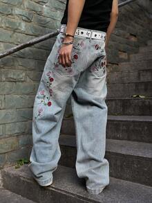 Manfinity EMRG Men's Casual Street Style Patchwork Embroidered Blue Denim Jeans - Light Wash - View 8