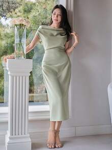 DAZY Women's Elegant Solid Color Asymmetrical Shoulder Long Dress, Summer Wedding Guest Dress Sundress - Green - View 5