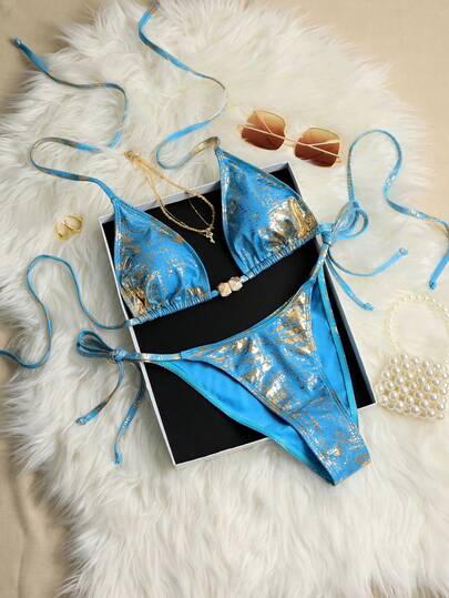 Swim SXY 2pcs/Set 2026 New Fashion Sky Blue Metallic Foil Triangle Tie Strap Padded Gemstone Embellished Sexy Cleavage Enhancing Beach Bikini Swimsuit Set, Vacation Style Bikini Blue Blue 2 Piece Set 2 Piece Set Glitter Bikini 2 Piece Sets Woman Sexy Blue Sets For Women Blue Beach Outfit Ladies Swimwear Set Beach Set For Women