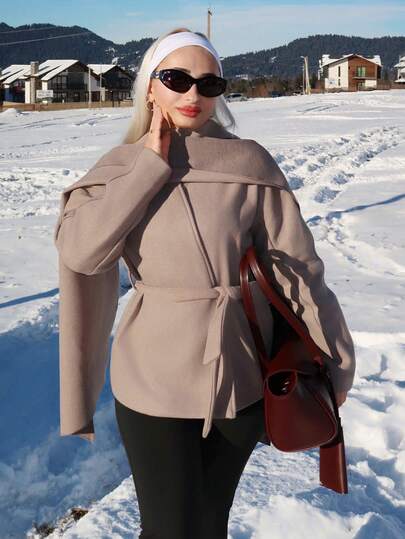 salliqueen 女式纯色长袖大衣，腰带围巾设计，秋冬