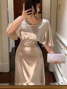 DAZY 优雅V领长裙，高端奢华小众设计，女士婚礼宾客礼服 - 香檳色 - 查看 5