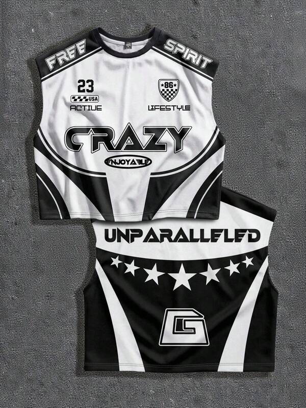 Manfinity ZONE917 男士方正短款街头赛车标志摩托车格子拼接撞色印花短款背心，宽松版型，约会聚会必备，送给男友的绝佳礼物