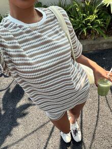 Muchica 2PCS Women's Two-Piece Loose Striped Round Neck T-Shirt And Elastic Waist Striped Pants, Spring/Summer Faux Sweater Set, Spring/Summer Style, Khaki, Casual Set, Loungewear, Casual Pajamas, New Year Pajamas, Parent-Child Christmas Pajama Set, Women's Casual Set, Brown Two-Piece Set, Spring Women's Clothing. - Multicolor - View 3