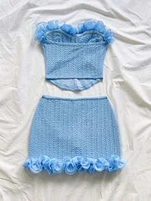 Soleia Women's Solid Color Ruffle Hem Bandeau Top And Mini Skirt 2 Pieces Set - Baby Blue - View 2
