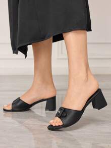 Sleekvia Black Classic Square Toe Chunky Mid Heel Sandals Valentine's Day - Dark black - View 4