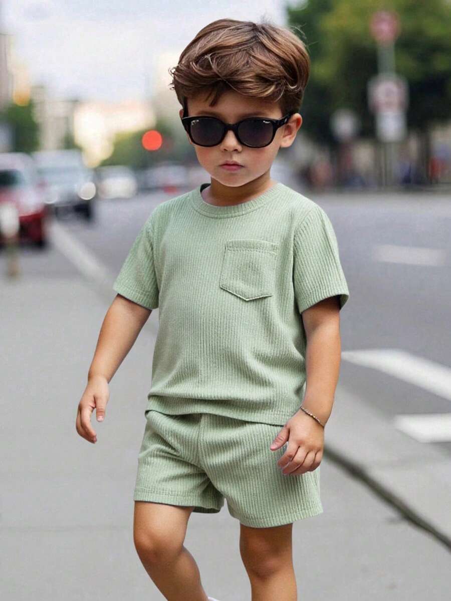 SHEIN Genkimix Kids 2件套 女童夏季休闲纯色口袋短袖T恤和短裤 - 綠色 - 查看 1