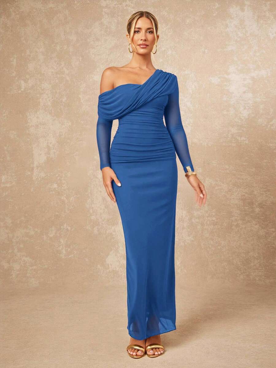 Lumalex 女士优雅性感酒红色不对称领交叉褶皱腰部开衩下摆长袖修身连衣裙，春夏款 - 寶藍色 - 查看 1