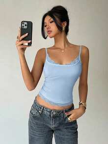 Aloruh Solid Color Lace Patchwork Slim Fit Casual Camisole Top For Summer - Baby Blue - View 7