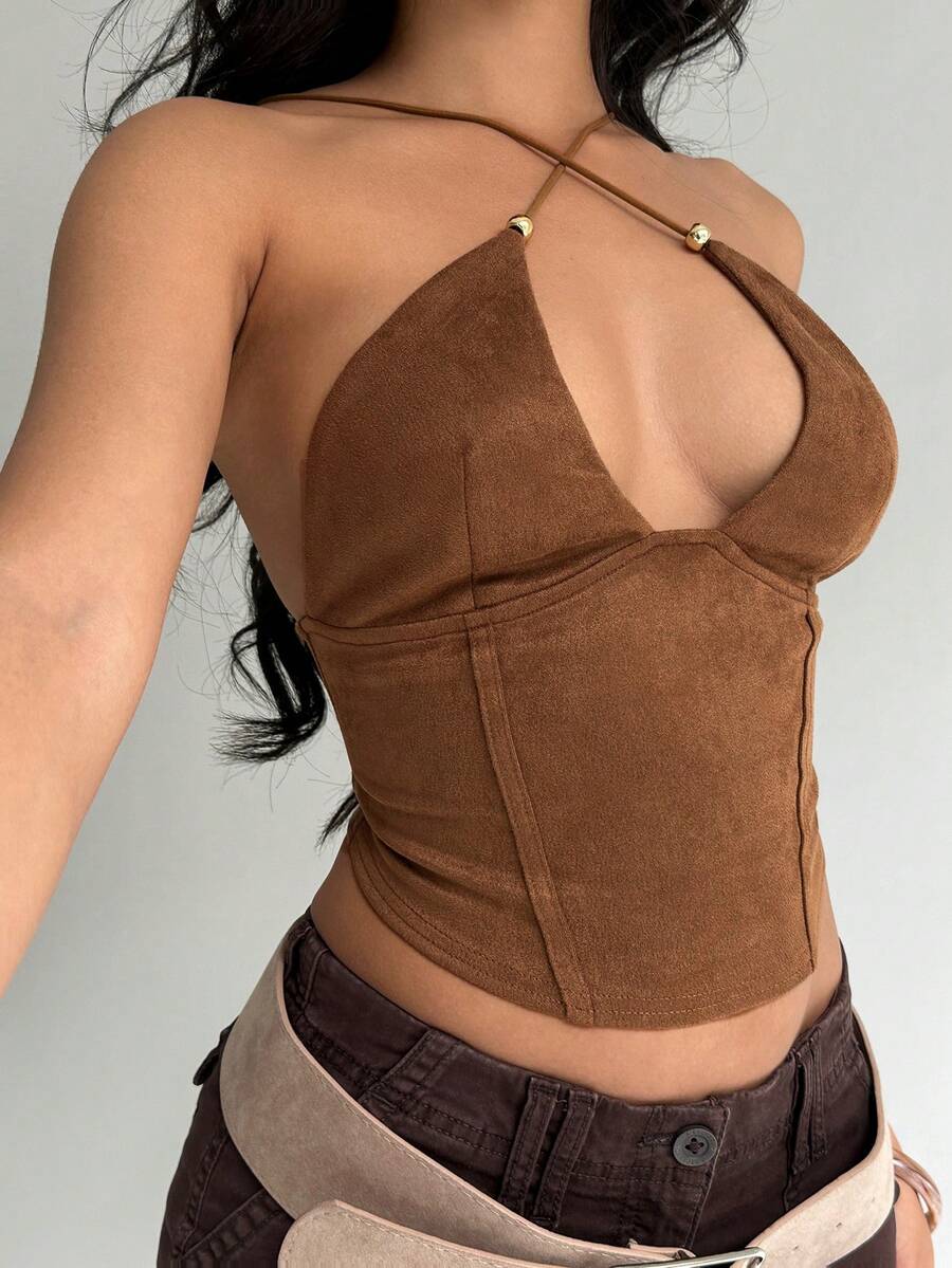 Aloruh Women's Solid Color Beaded Halter Backless Bodycon Fashionable Top - Coffee Brown - View 1