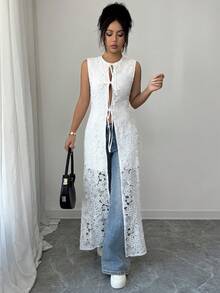 SHEIN Raffinéa 女士优雅系带长裙，夏季 - 白色 - 查看 6