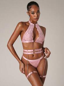 SHEIN BAE Floral Lace Ring Linked Garter Lingerie Set With 1pair Leg Ring - Baby Pink - View 4