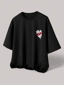Manfinity Hypemode Men's Oversized Heart Print T-Shirt With The Slogan "You Are Love Of My Life" To Express Love.,Valentine's Day,Spring To Summer,Gift For My Boyfriend,Mardi Gras,Vintage,Streetwear,Party,St Patrick's Day,Going Out - Black - View 2