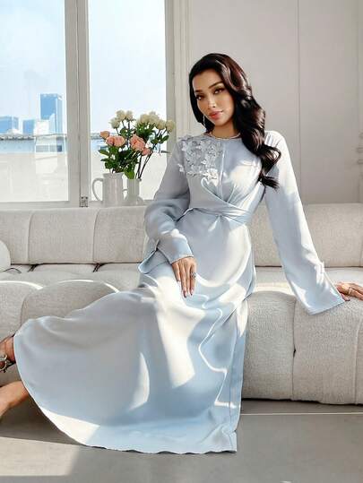 Al Najma 新款春夏收腰花卉装饰阿拉伯风格女式连衣裙