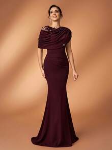 Serin 优雅浪漫奢华黑色弹力针织撞色网纱不对称荷叶边美人鱼裙摆连衣裙，饰有贴花、珠子和水钻设计，适合晚宴、约会、婚礼、新娘母亲礼服 - 紫紅色 - 查看 7