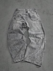 Manfinity ZONE917 男士纽扣口袋直筒休闲宽松牛仔裤，街头潮流百搭 - 灰色 - 查看 2