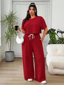 SHEIN EZwear Set de 2 piezas Talla grande Mujer Blusa de cuello redondo roja de manga corta y Pantalones anchos de cintura con cordón, Casual - Rojo - Ver 5