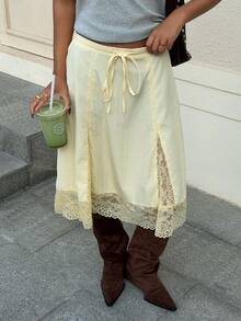 Muchica 女士黄色编织撞色蕾丝抽绳腰裙 - 黃色 - 查看 7