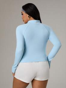 Rhythm Era Plus Size Sky Blue Zip-Up Jacket, Fitted, With Thumb Hole, Warm Color Activewear Outerwear - Baby Blue - View 2