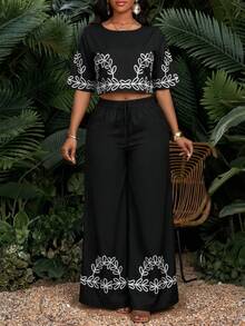 SHEIN Lady Women's Casual Vacation Style Plant Embroidery Cropped Top And Wide Leg Pants 2 Pieces Set, Spring/Summer/Autumn - Black and White - View 4