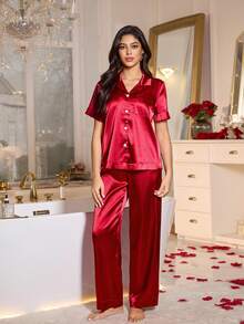 LuxeNights Luxuriöse hochwertige Neujahrsnachtwäsche für Damen in Rot, Paar-Pyjamas, Valentinstags-Geschenk, Cardigan-Pyjama-Set mit Kurzarm und Lange Hose, Frühling/Herbst - Bordeaux - Übersicht 5
