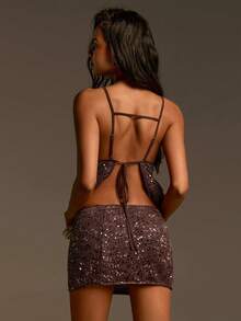 Athîral Women's Casual Vacation Sequin Embellished Straight Mini Skirt, Spring/Summer - Coffee Brown - View 6