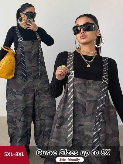 SHEIN CURVE+ Plus Size Camouflage Strap Striped Contrast Color Pocket Casual Street Chic Jumpsuit For Women, Suitable For Vacation, Dates, Parties