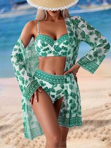 Swim Vcay 三件套：印花细肩带聚拢钢圈比基尼泳衣 + 印花长袖罩衫 - 綠色 - 查看 1