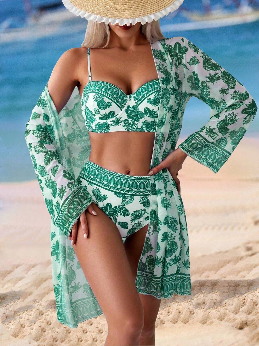 Swim Vcay 三件套：印花细肩带聚拢钢圈比基尼泳衣 + 印花长袖罩衫 - 綠色 - 查看 1