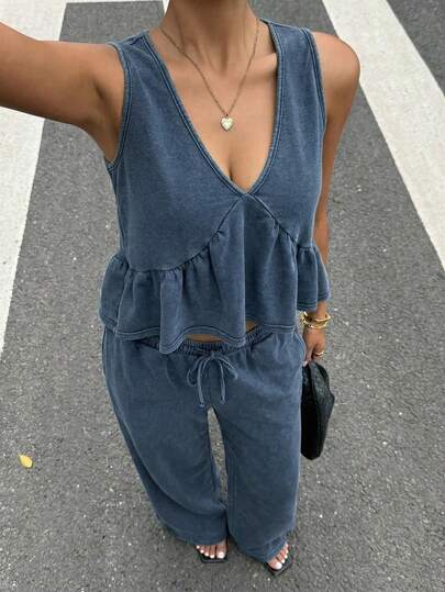 Muchica 女士复古水洗雪花V领吊带背心和长裤套装，夏季