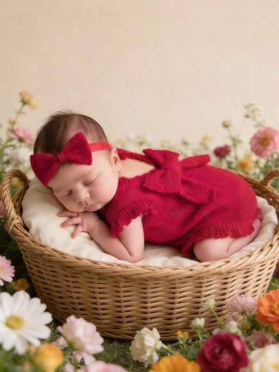 SHEIN Knitting Newborn Photography Romper With Bow Hedband Baby Girl Big Bowknot Jumpsuit For Shooting Infant Knitted Red Sweater Outfits For Valentine Newborn Red Outfit Baby Ruffle Romper Red Bow Baby Newborn Romper With Bow Newborn Knit Outfit