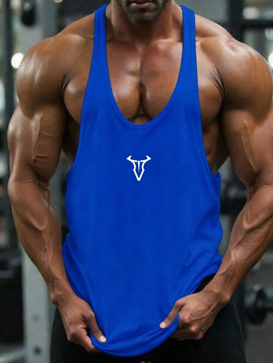 GymBeat Tank Top Pria dengan Motif Grafis, Leher Bulat Longgar, Tanpa Punggung, Kasual untuk Olahraga, Gym - Biru - View 1