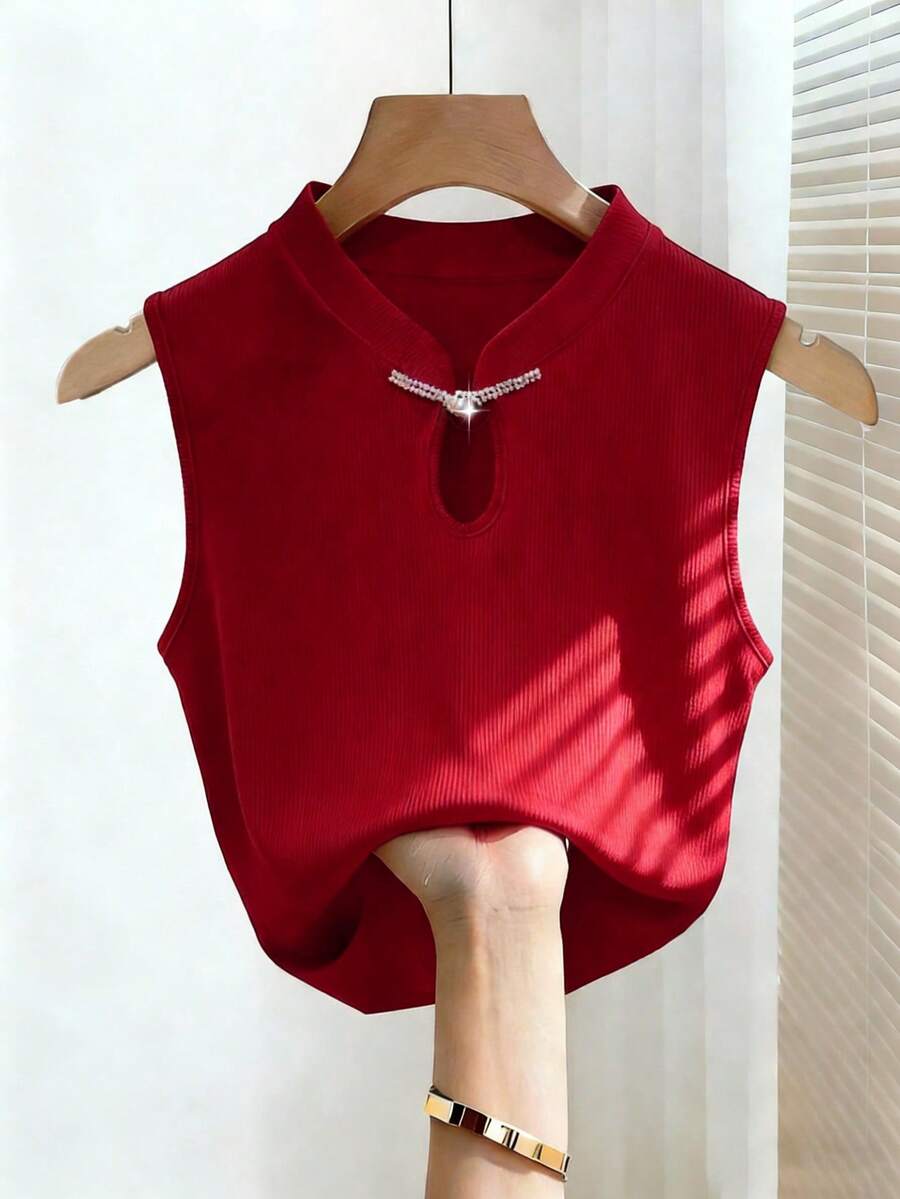 Franclia 女士立领珍珠纽扣无袖紧身背心，纯色 - 紅色 - 查看 1