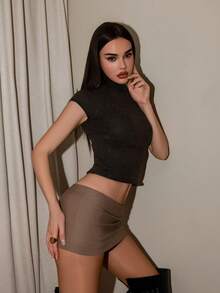 Bris Aura 女士秋冬短袖高领插肩袖修身薄款羊毛针织毛衣 - 咖啡棕 - 查看 6