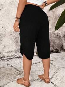 SHEIN PETITE CURVE 女士休闲抽绳腰百慕大短裤，百搭 - 黑色 - 查看 2