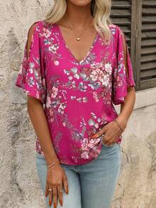 SHEIN Clasi Women's V-Neck Floral Print Ruffle Sleeve Split Hem Blouse - Hot Pink - View 5