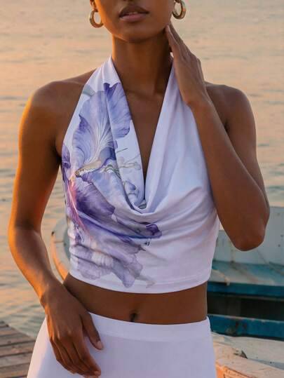 CAJUNI 2pcs/Set Vacation Lilac Special Flower Printed Top And Long Skirt,Summer Two Pieces Set