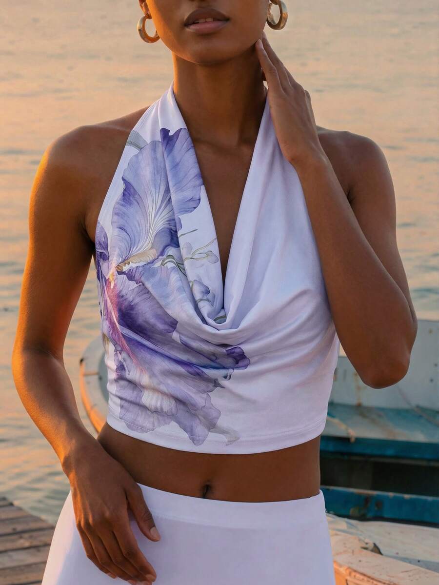 CAJUNI 2pcs/Set Vacation Lilac Special Flower Printed Top And Long Skirt,Summer Two Pieces Set - Mauve Purple - View 1