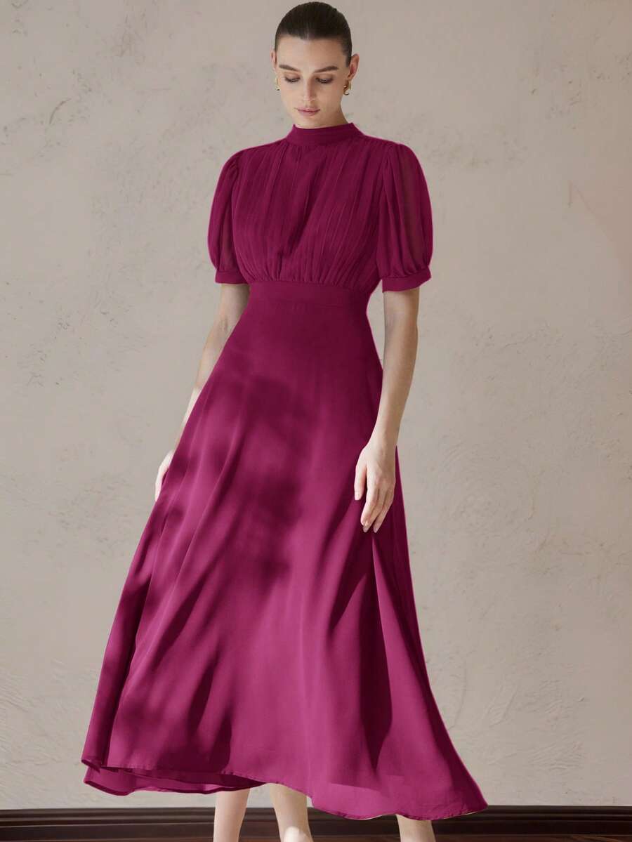 Aveloria Modichic Đầm chiffon thanh lịch dành cho nữ với thiết kế xếp ly ở phần ngực, tay áo kiểu công chúa, thắt eo, chân váy xòe, kiểu dáng tối giản và đa năng, phù hợp cho công sở, dài đến đầu gối. - Màu Đỏ Sâu - Xem 1