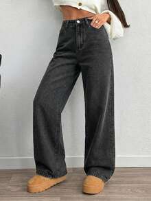 EURMUSE Damen High Waist Jeans mit Taschen und weitem Bein, lässig und vielseitig - Dunkelgrau - Übersicht 5