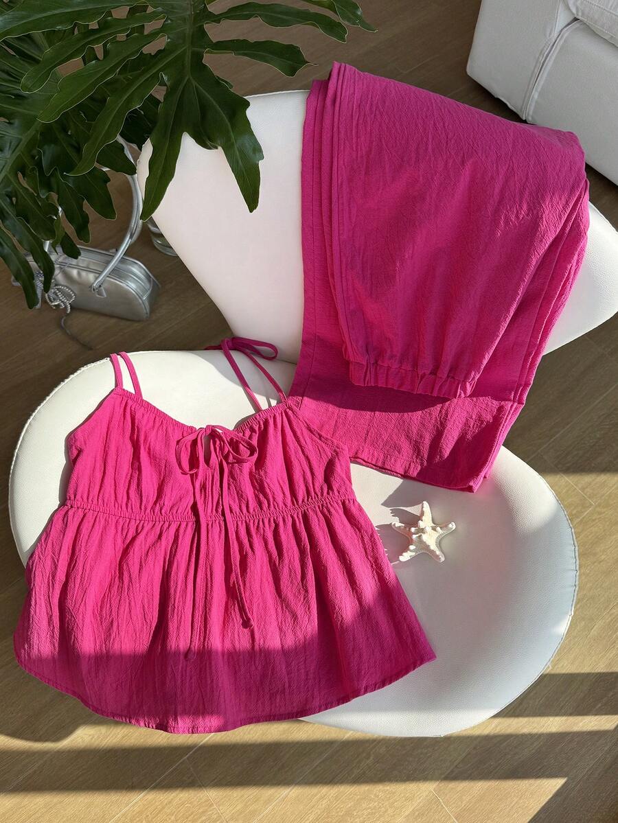 Comfortcana Woven Fuchsia Linen Tank Top And Pants Set - Hot Pink - View 1